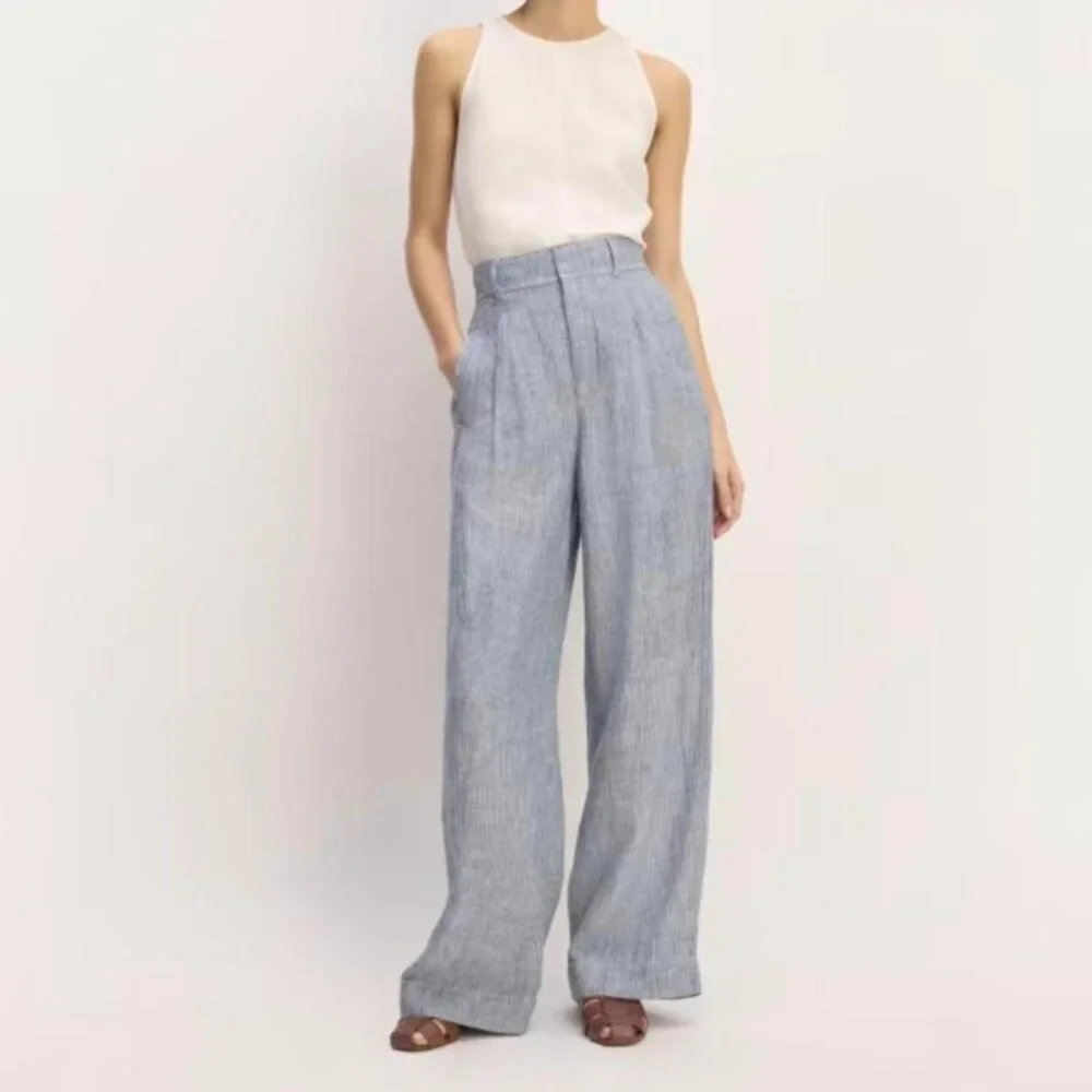 ✅ Everlane The Linen Way-High Drape Pant, White/Blue (4)